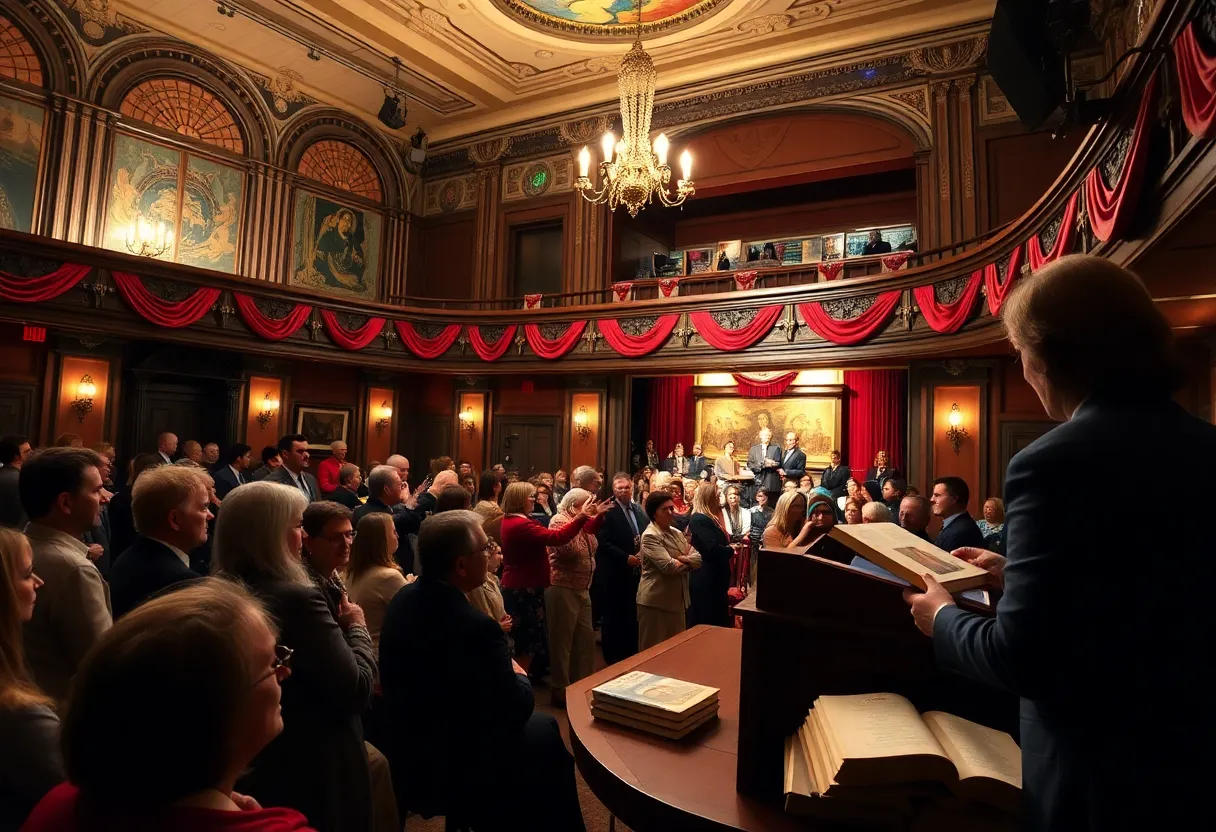 Audience at a book launch event in a historic theater