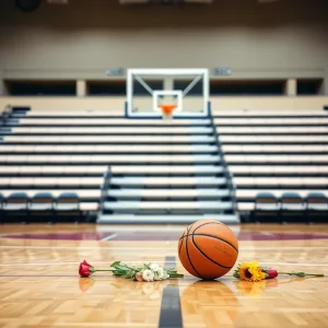 A somber basketball court with a basketball and flowers as a tribute
