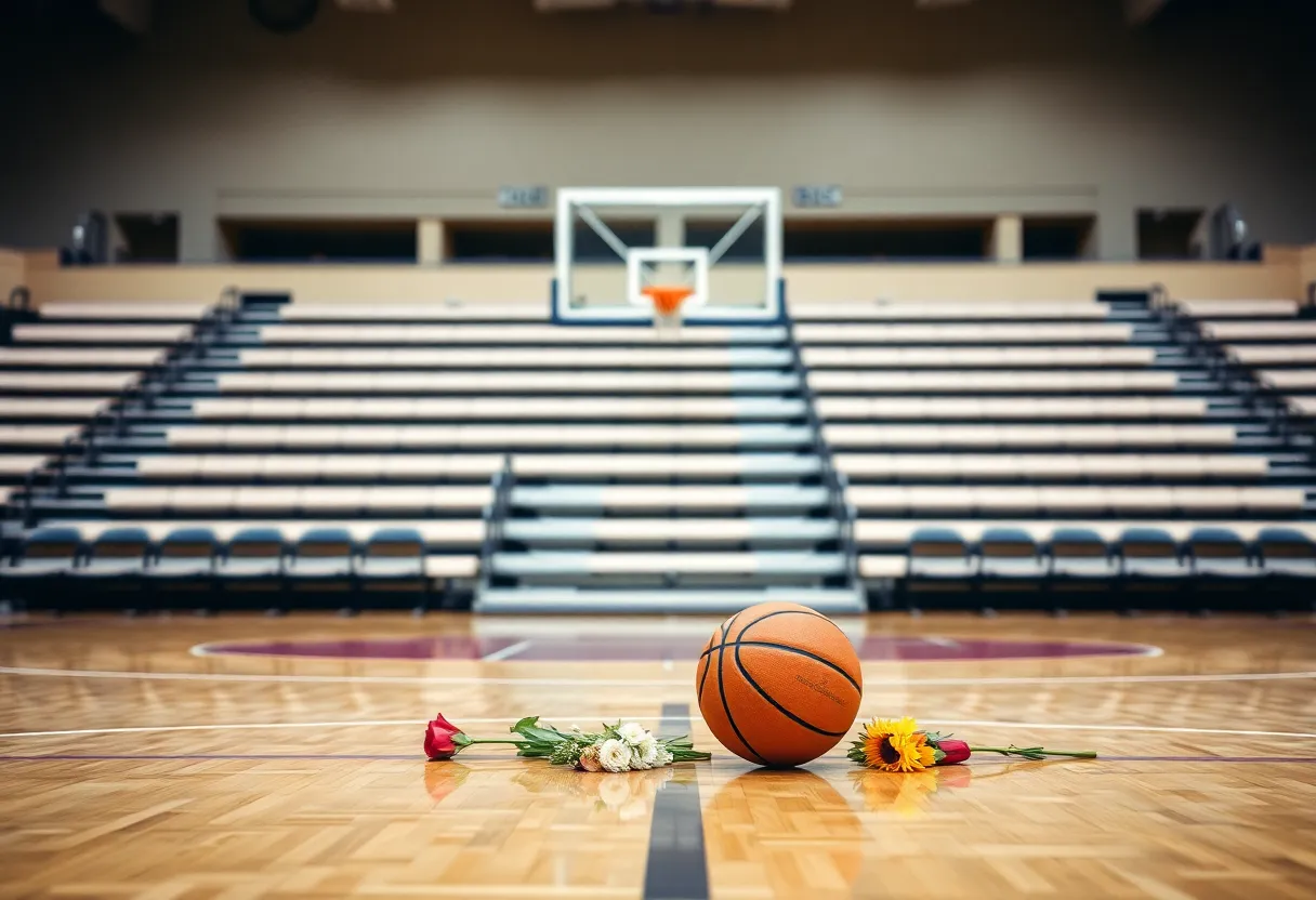 A somber basketball court with a basketball and flowers as a tribute