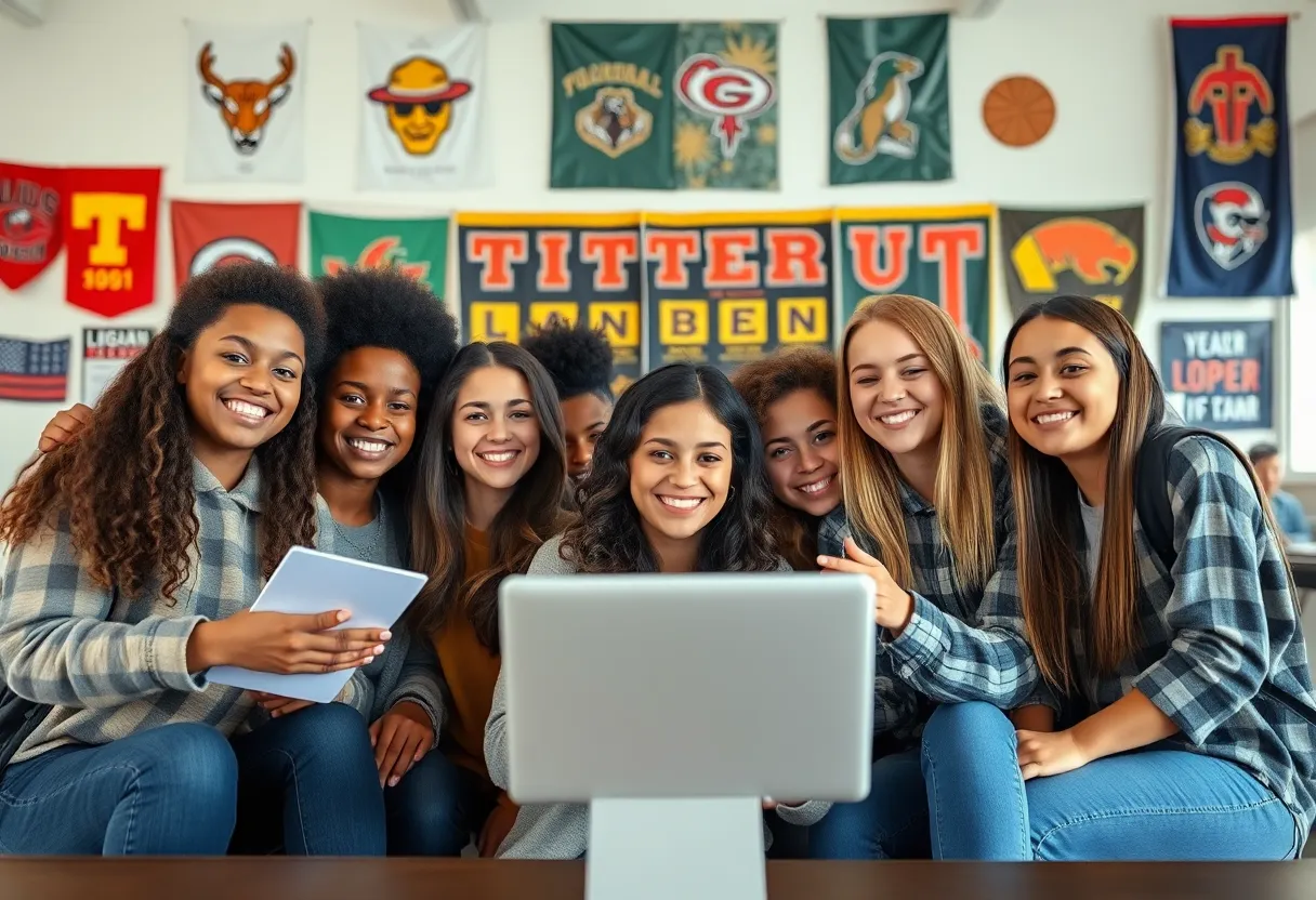 Diverse college students using a ticket resale platform on laptops