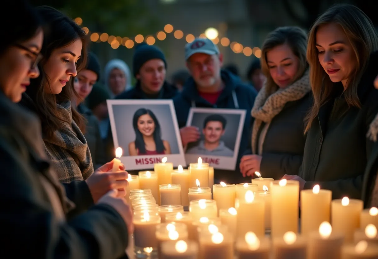 Community members holding candles in a vigil for a missing student