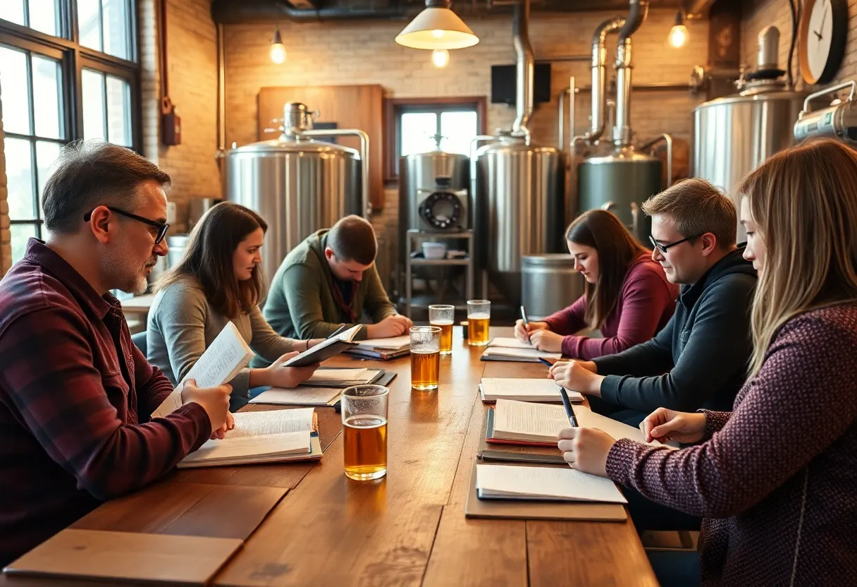 Writers collaborating in a cozy brewery environment