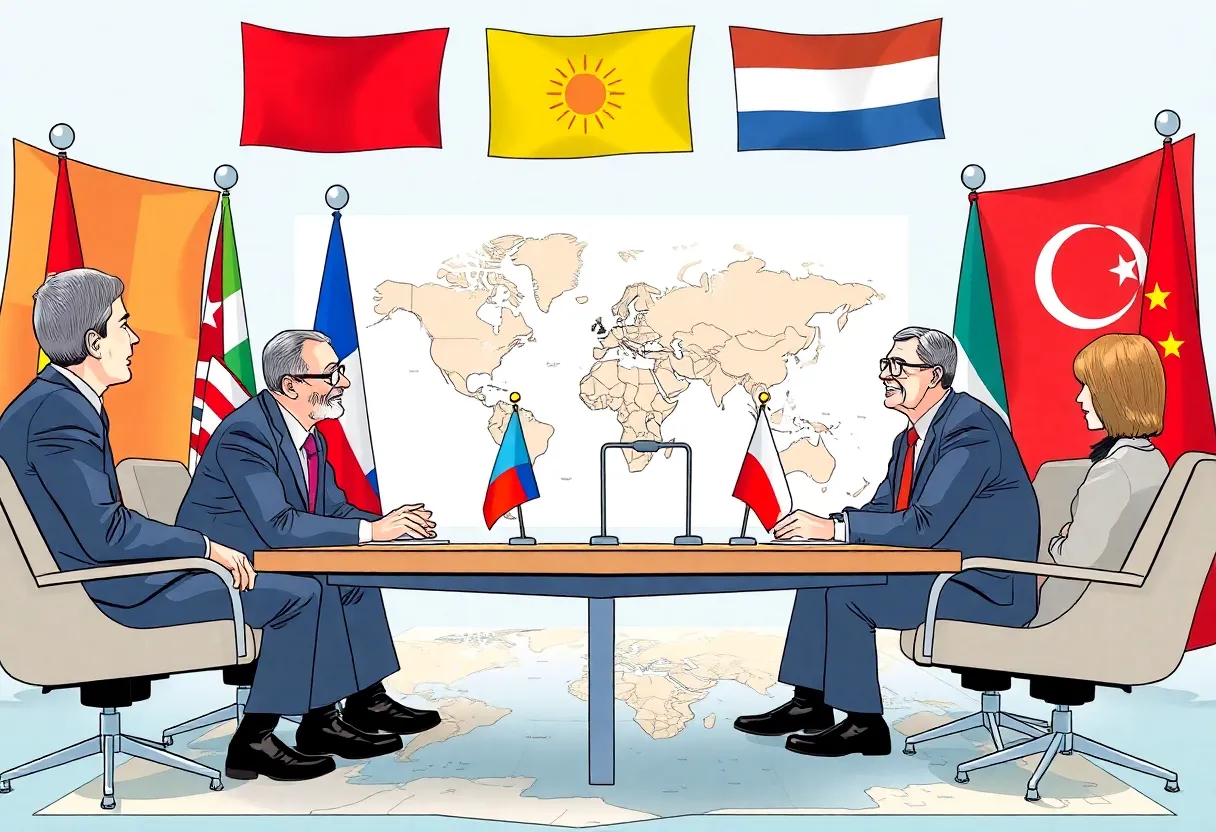 A scene depicting diplomatic discussions with humor and international flags.