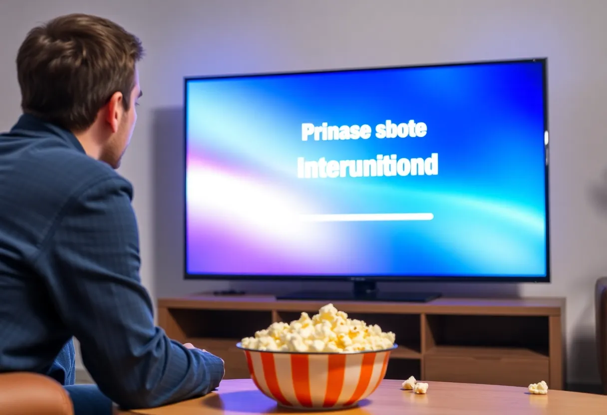 Living room with a TV showing a service interruption message