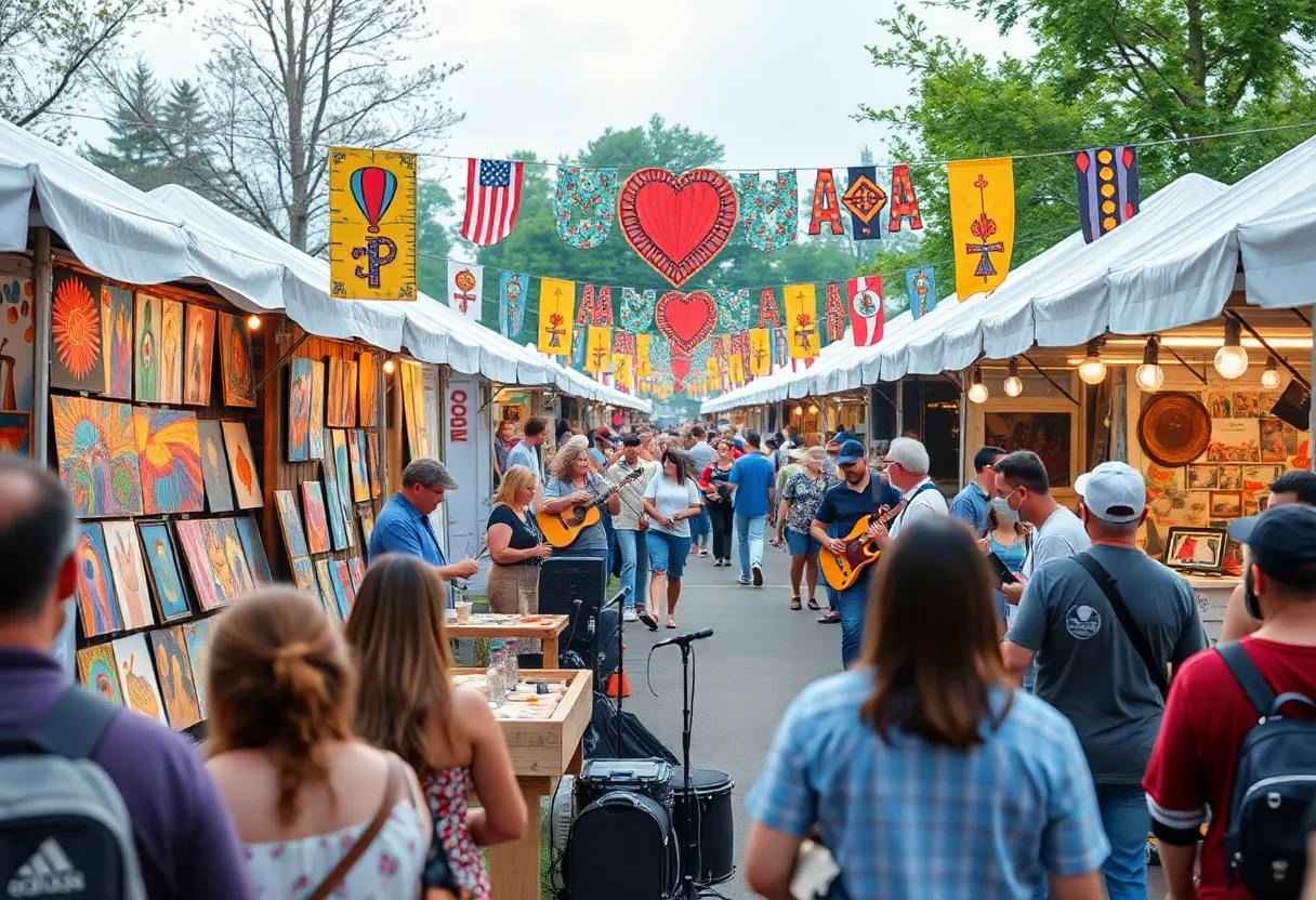 Festival attendees enjoying the 2025 Double Decker Arts Festival with art displays and live music.
