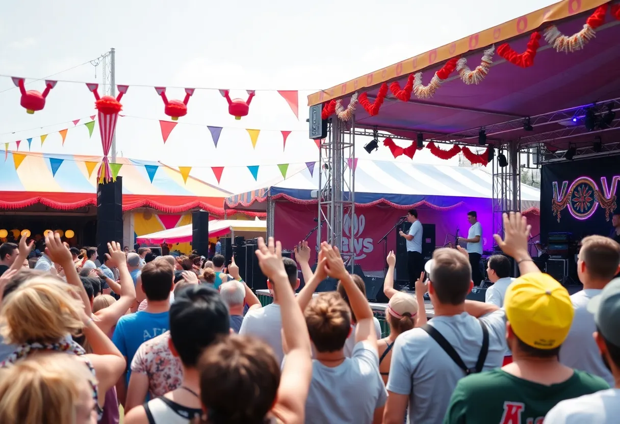 Crowd enjoying the Double Decker Arts Festival with performers on stage