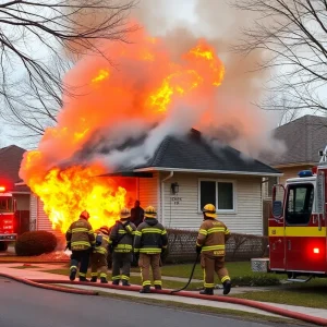 Firefighters combating a fire in a house in Oxford, Mississippi