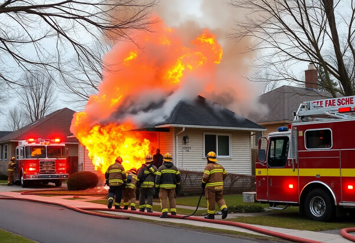 Firefighters combating a fire in a house in Oxford, Mississippi
