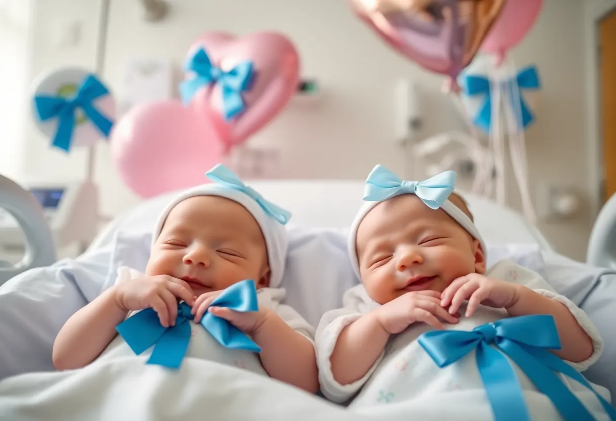 Newborn babies in a hospital nursery with festive decorations.