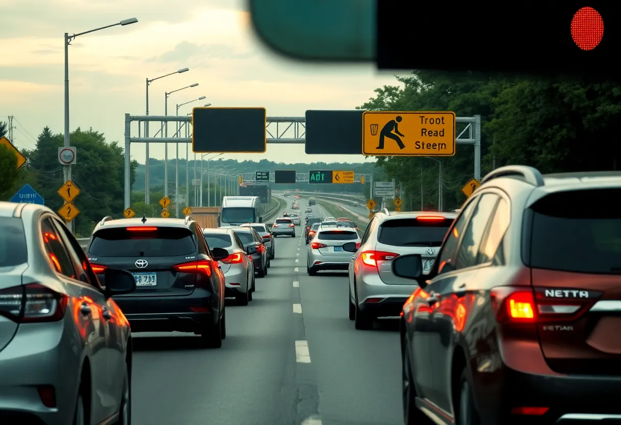 Highway traffic with warning signs promoting safety
