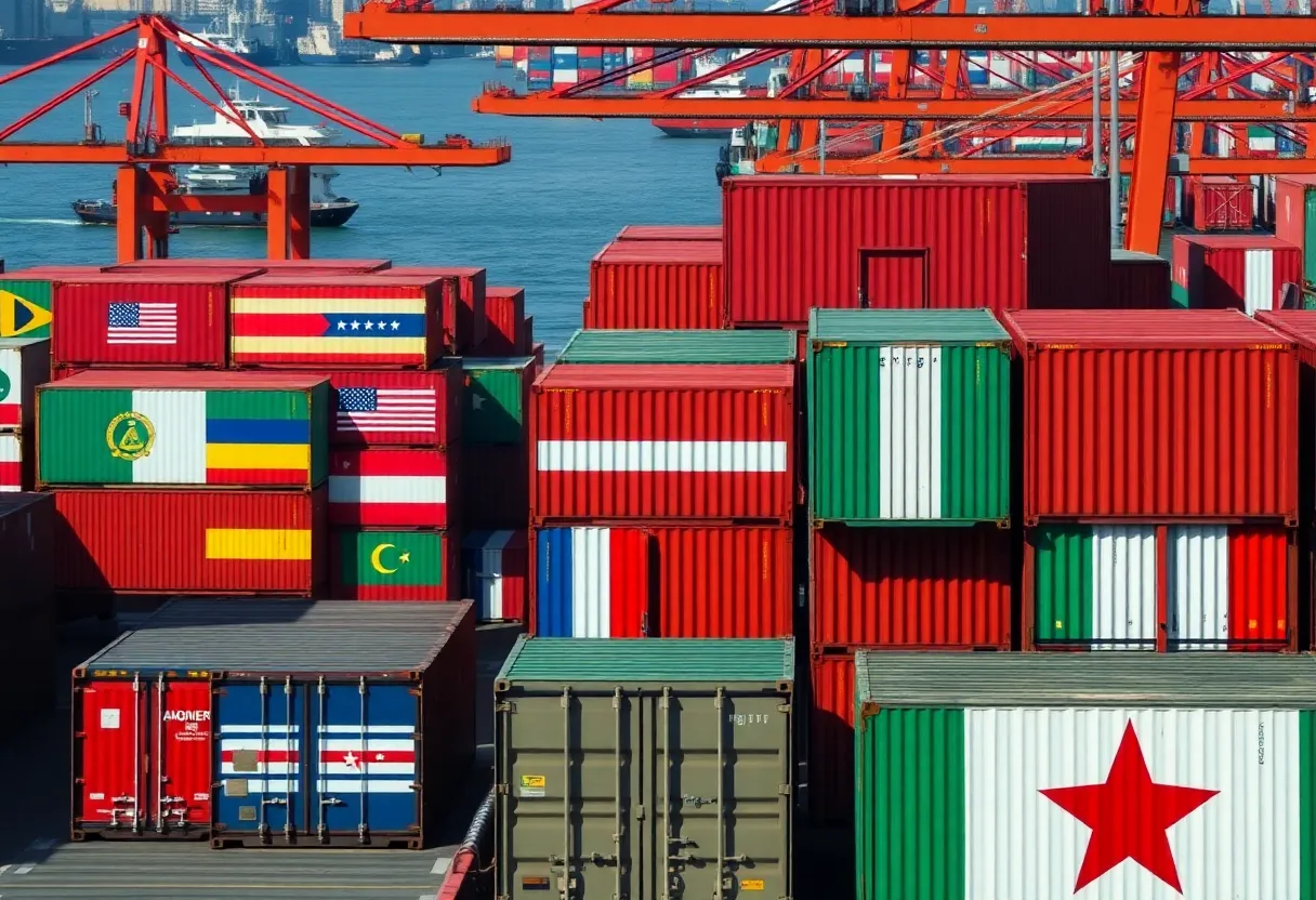 Shipping containers at a busy port representing international trade.