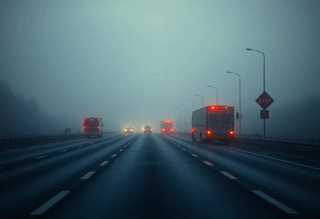 A misty highway scene capturing the aftermath of a tragic accident