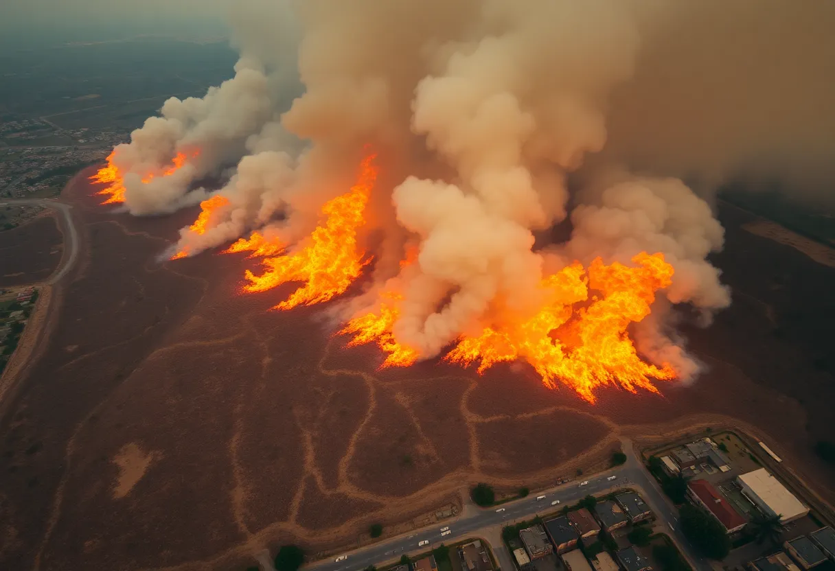 Aerial view of wildfires in Los Angeles with smoke and flames.