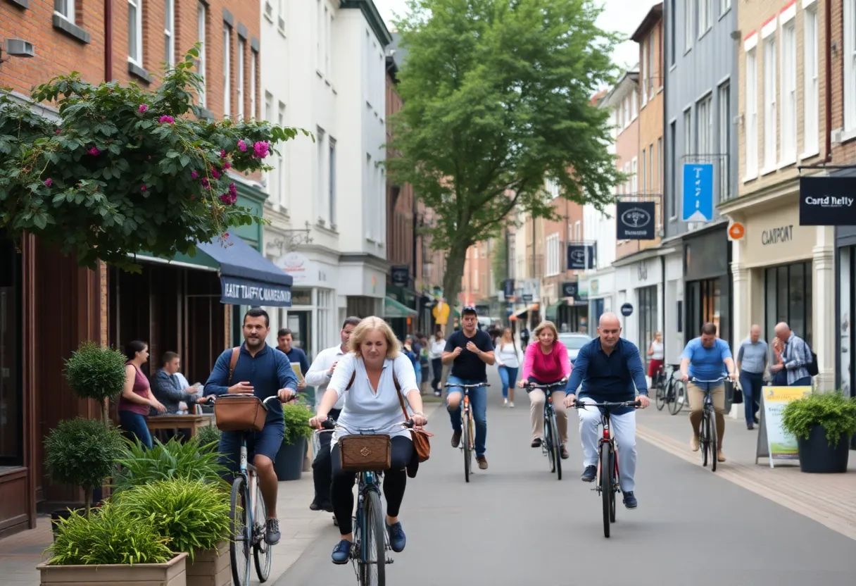Street scene in East Oxford showing Low Traffic Neighbourhoods with pedestrians and cyclists.