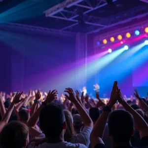 A crowded scene at a music concert with vibrant lights