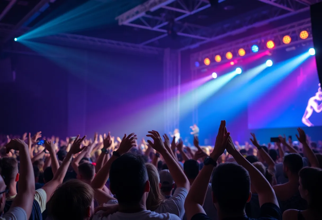 A crowded scene at a music concert with vibrant lights