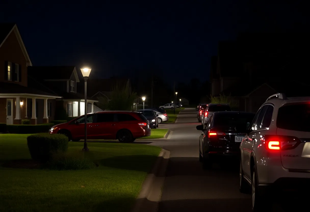 Residential area in Oxford, MS at night with parked cars