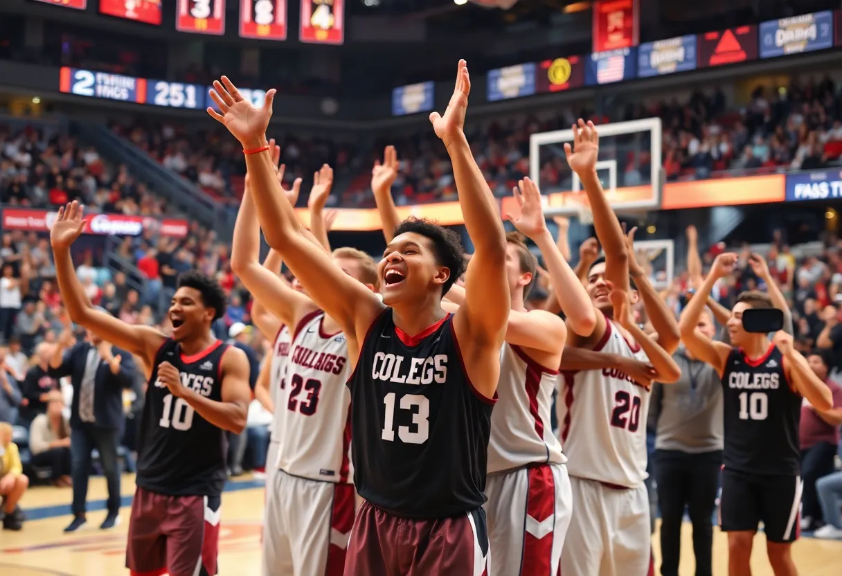 Ole Miss Rebels celebrating a comeback victory against Georgia in a basketball game.