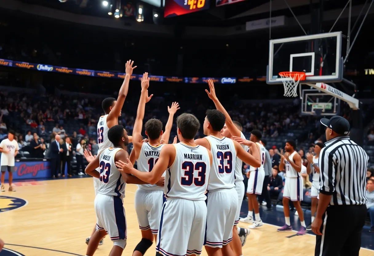 Ole Miss basketball team celebrating a win on the court