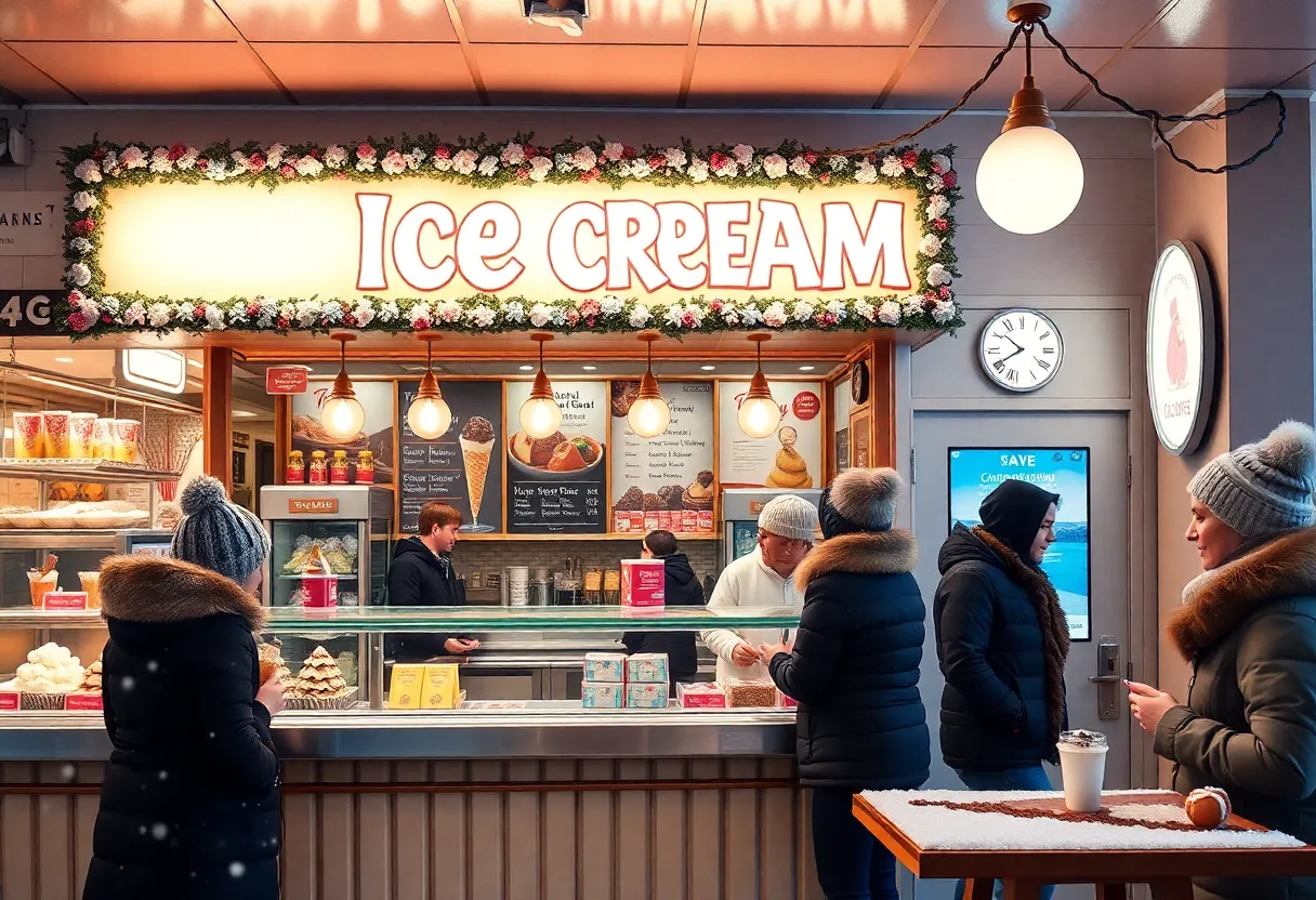 Customers savoring ice cream in a cozy winter setting at Oxford Creamery.