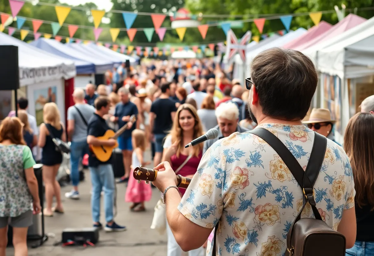 Festival crowd enjoying live music and art at the 2025 Double Decker Arts Festival in Oxford.