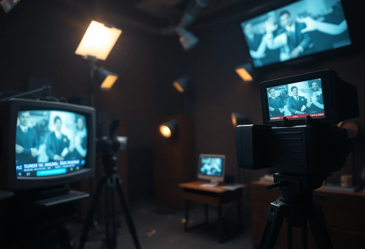 A newsroom scene with an old television set displaying news coverage.