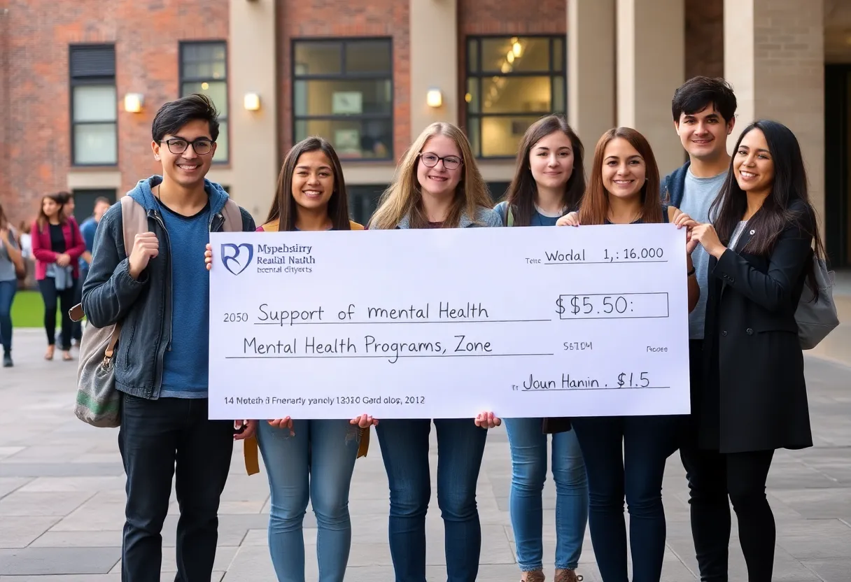 Students from Sigma Chi fraternity presenting a donation for mental health support.