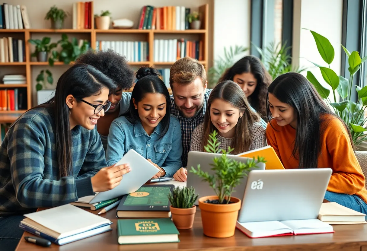 A group of diverse university students studying together at a table.