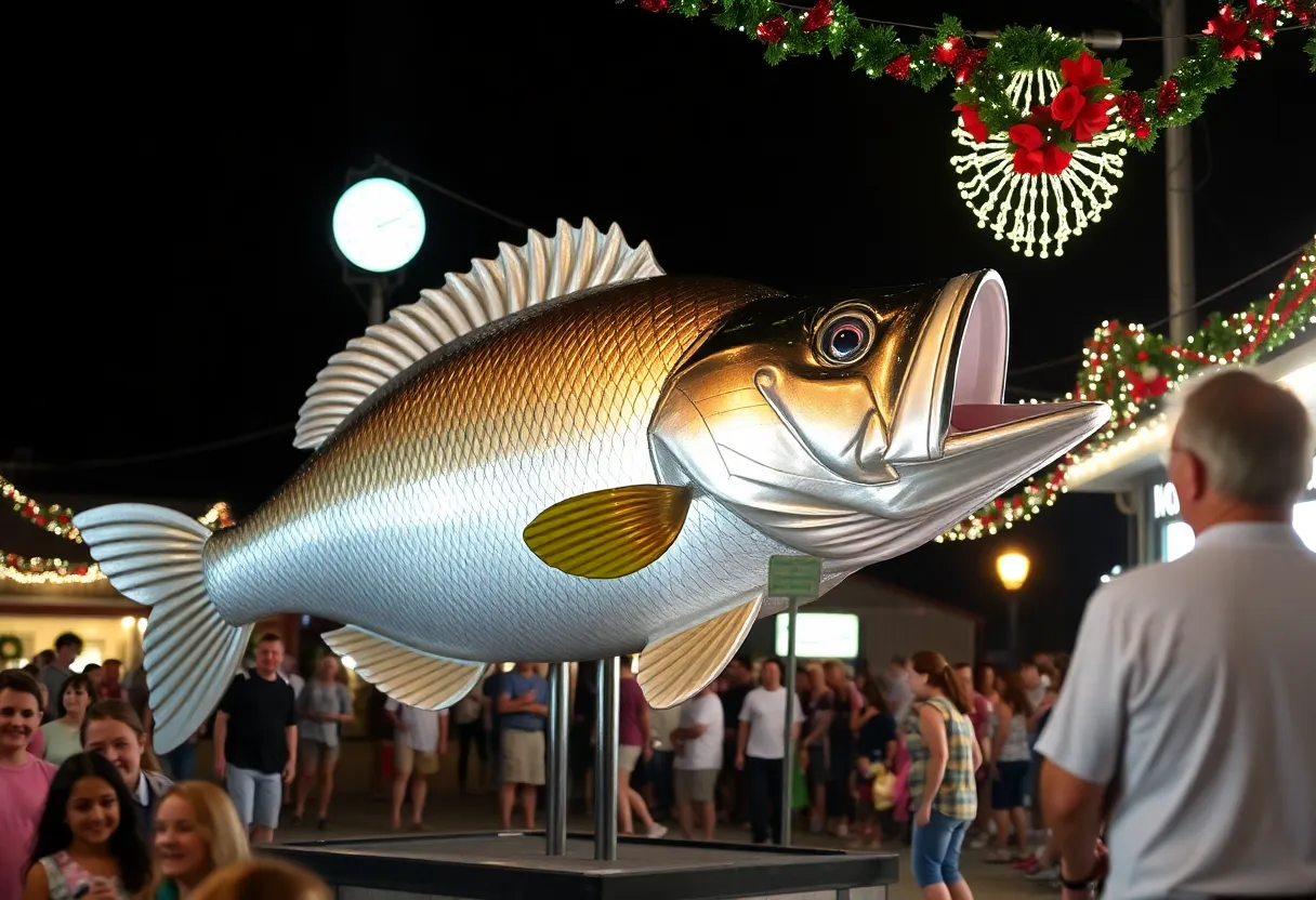 Community members celebrating at the Water Valley Crappie Drop with a giant crappie fish in the background.