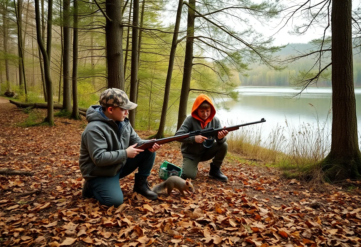 Young hunters preparing for a squirrel hunt at Sardis Lake.