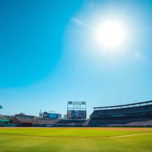 Baseball field during a sunny game day with fans in the stands
