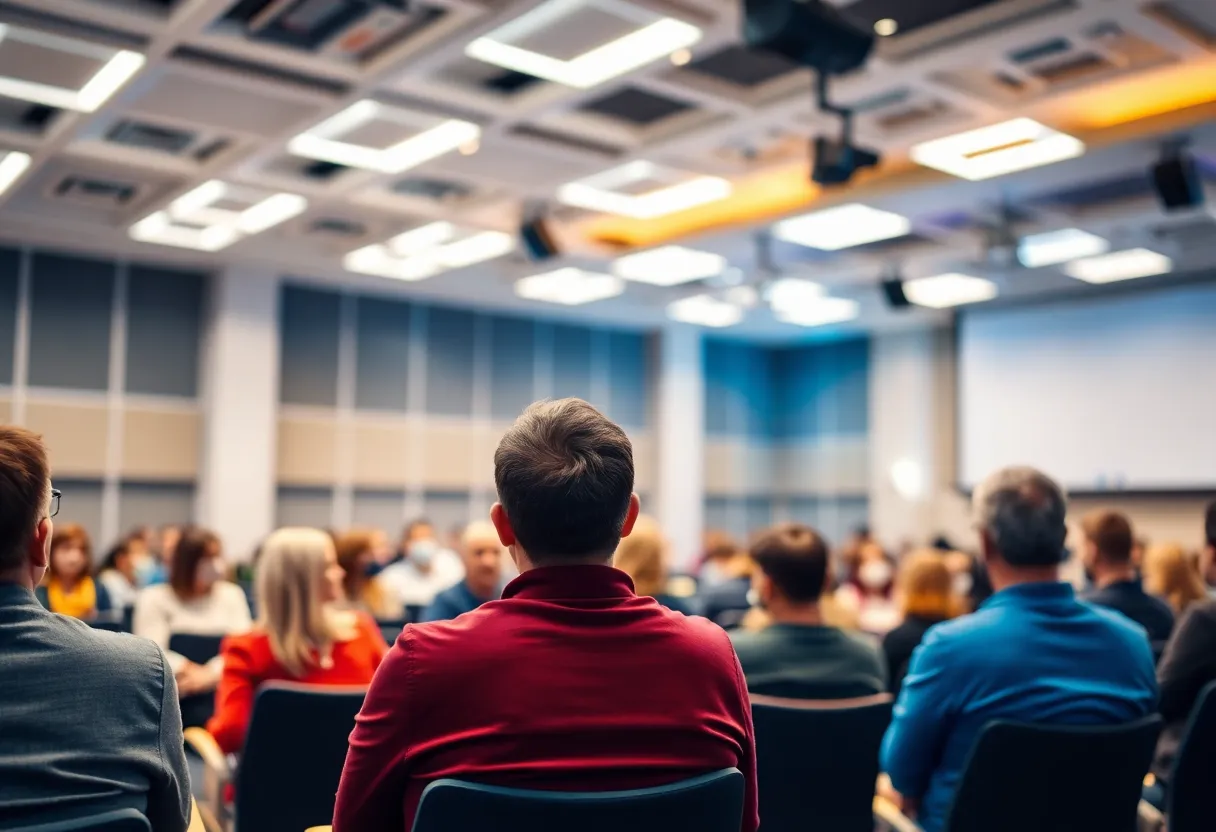 Audience engaged in a talk about COVID-19 response strategies