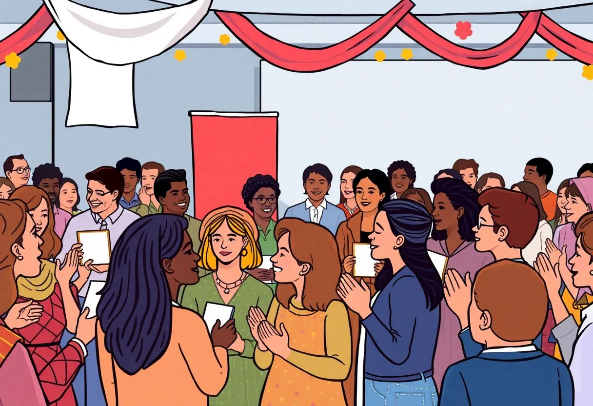 Community members celebrating a leader's achievement at an award ceremony.