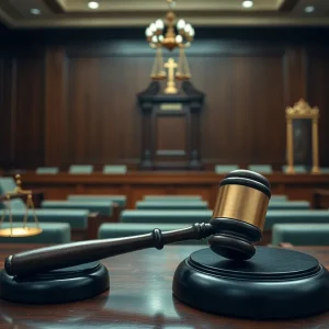 An empty courtroom with a judge's gavel, symbolizing the legal proceedings in the case.