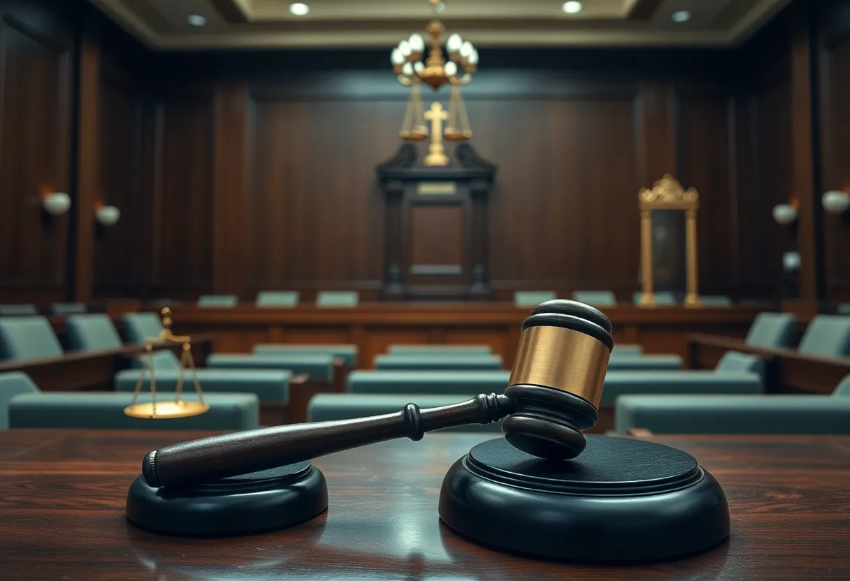 An empty courtroom with a judge's gavel, symbolizing the legal proceedings in the case.