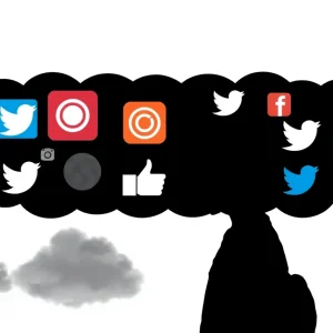 Artwork depicting the concept of cyber harassment with social media icons
