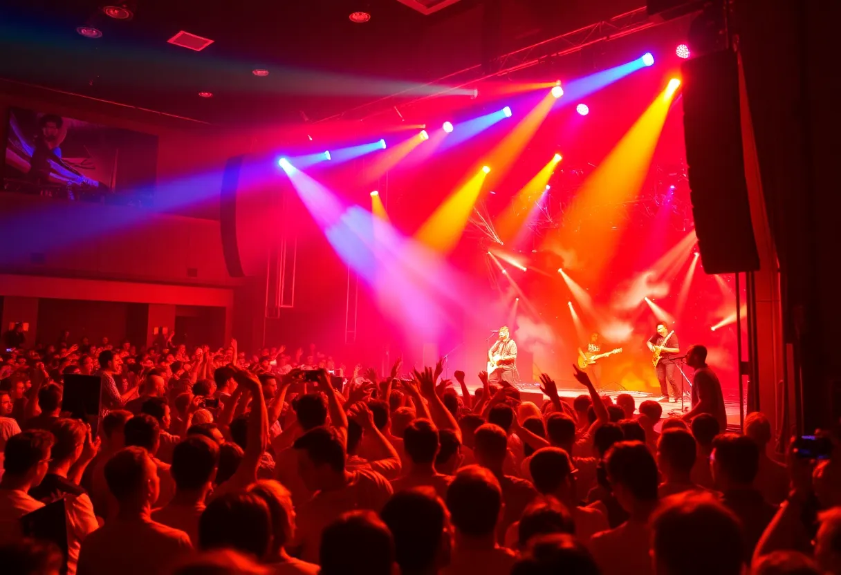 A lively concert featuring Dexter and The Moonrocks with vibrant lights and an enthusiastic audience.