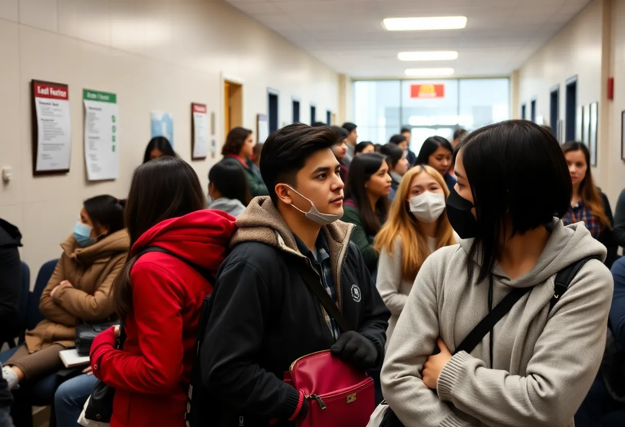Students waiting in a health center during a flu outbreak