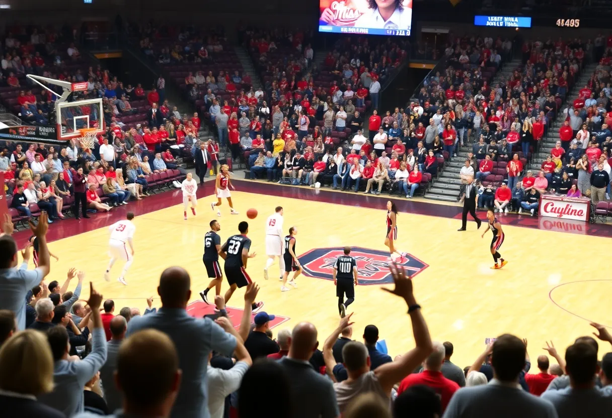 Ole Miss basketball players competing against South Carolina