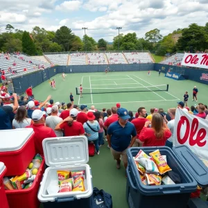 Crowd enjoying an Ole Miss men's tennis match with coolers and snacks.