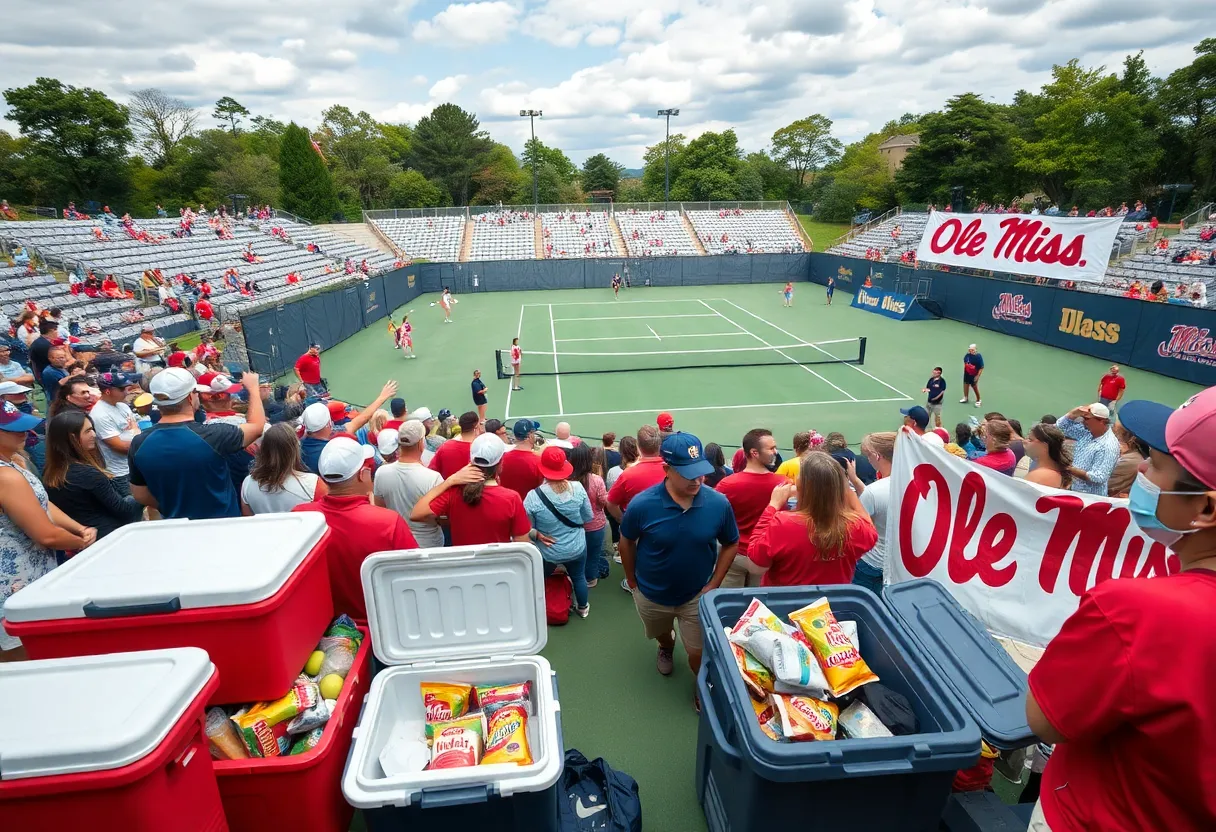 Crowd enjoying an Ole Miss men's tennis match with coolers and snacks.