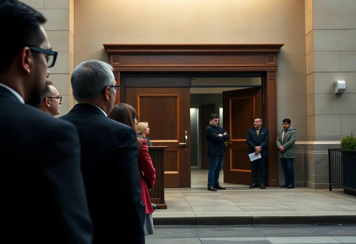 Courtroom with anxious community members awaiting legal proceedings.