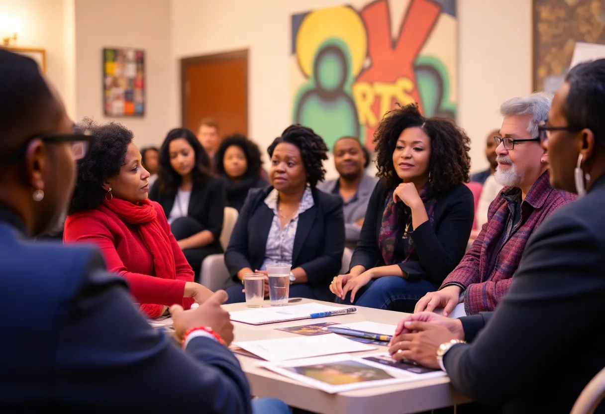 Community members and artists participating in a listening session during Arts Week in Oxford.
