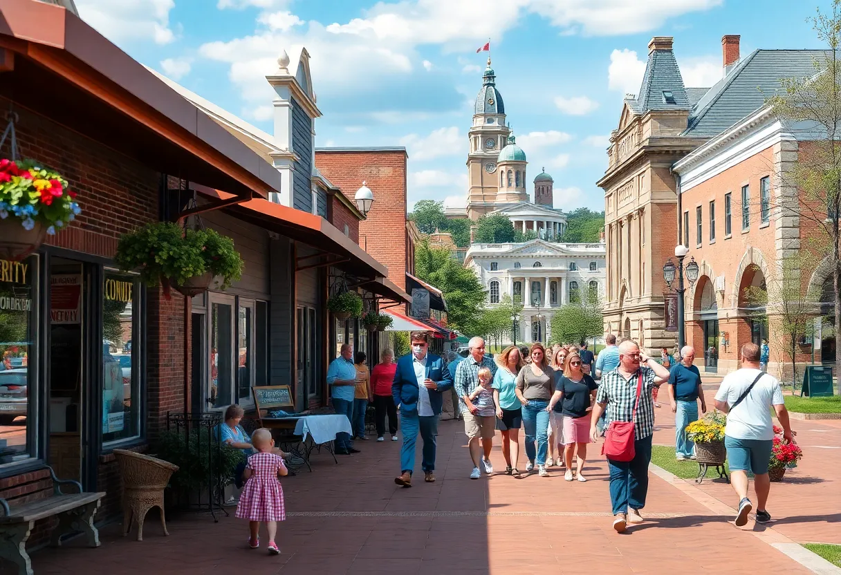 Community scene in Oxford, Mississippi showcasing local businesses and families.