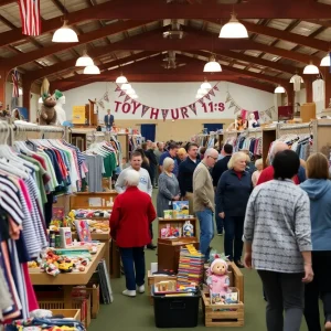 Crowd shopping at the Oxford Indoor Yard Sale with various vendors.