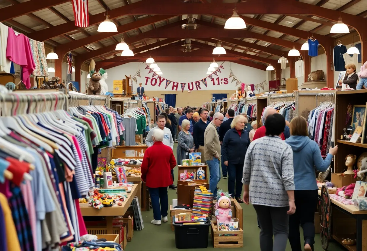Crowd shopping at the Oxford Indoor Yard Sale with various vendors.