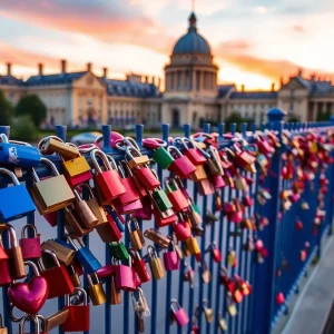 Colorful love locks hanging on a fence at Oxford airport