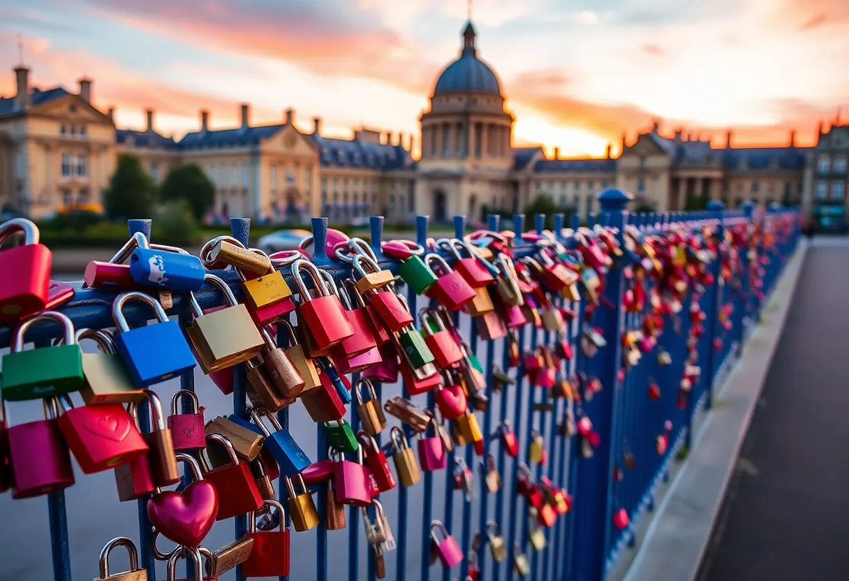 Colorful love locks hanging on a fence at Oxford airport