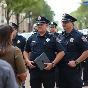 Oxford police officers interacting with residents in a city setting
