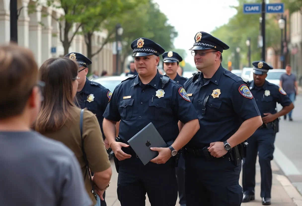 Oxford police officers interacting with residents in a city setting